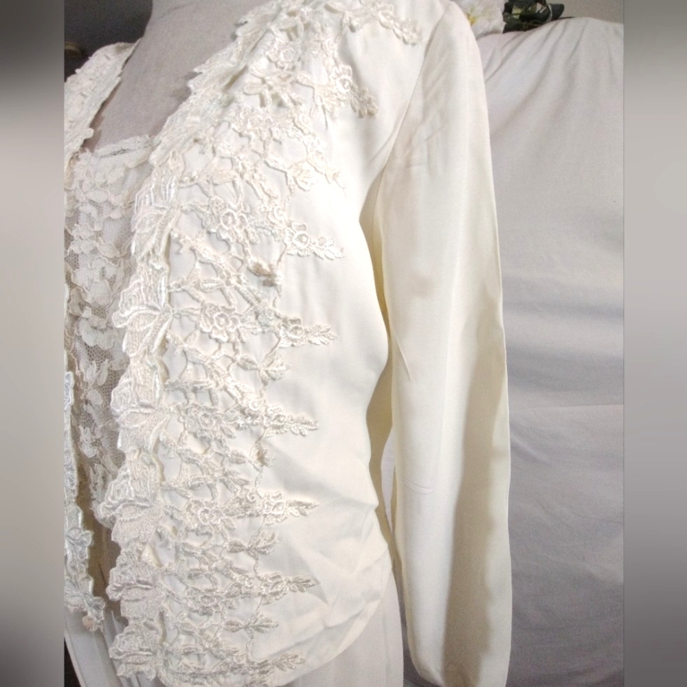 Midi Dress+Jacket, Vintage Open Crop, Long Sleeve, Ivory, Lace, Pleats, Straps,8 - Picture 6 of 16